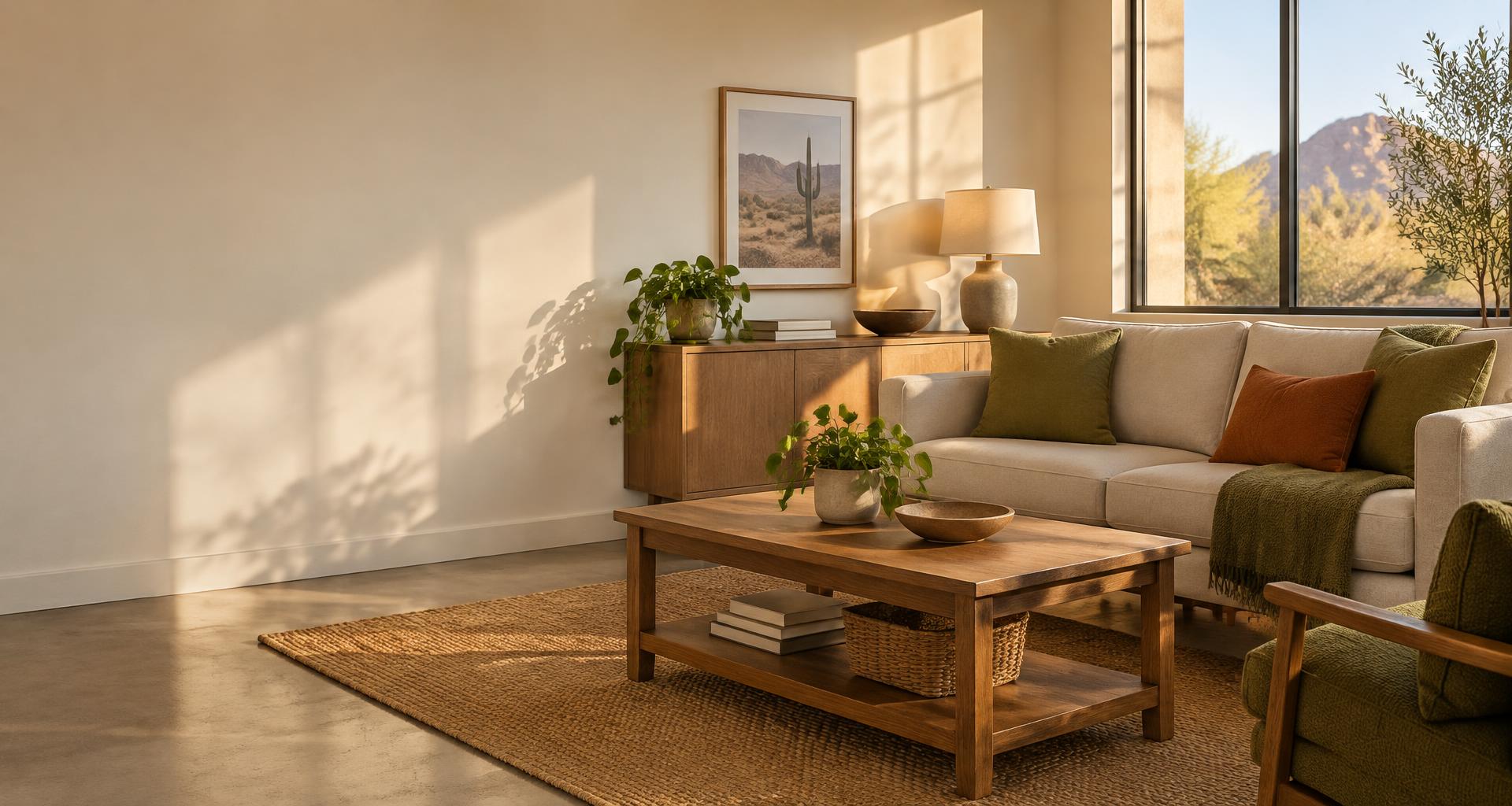 A welcoming Arizona apartment with a comfortable sofa, wood furniture, and desert views